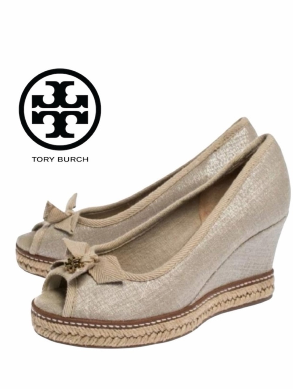 Tory Burch Women’s Jackie‎ Metallic Washed Linen Peep Toe Espadrilles - Size 8